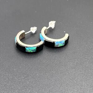 Vintage 925 Sterling Silver Hoop Fire Opal Black Onyx Gemstone Inlayed Earrings
